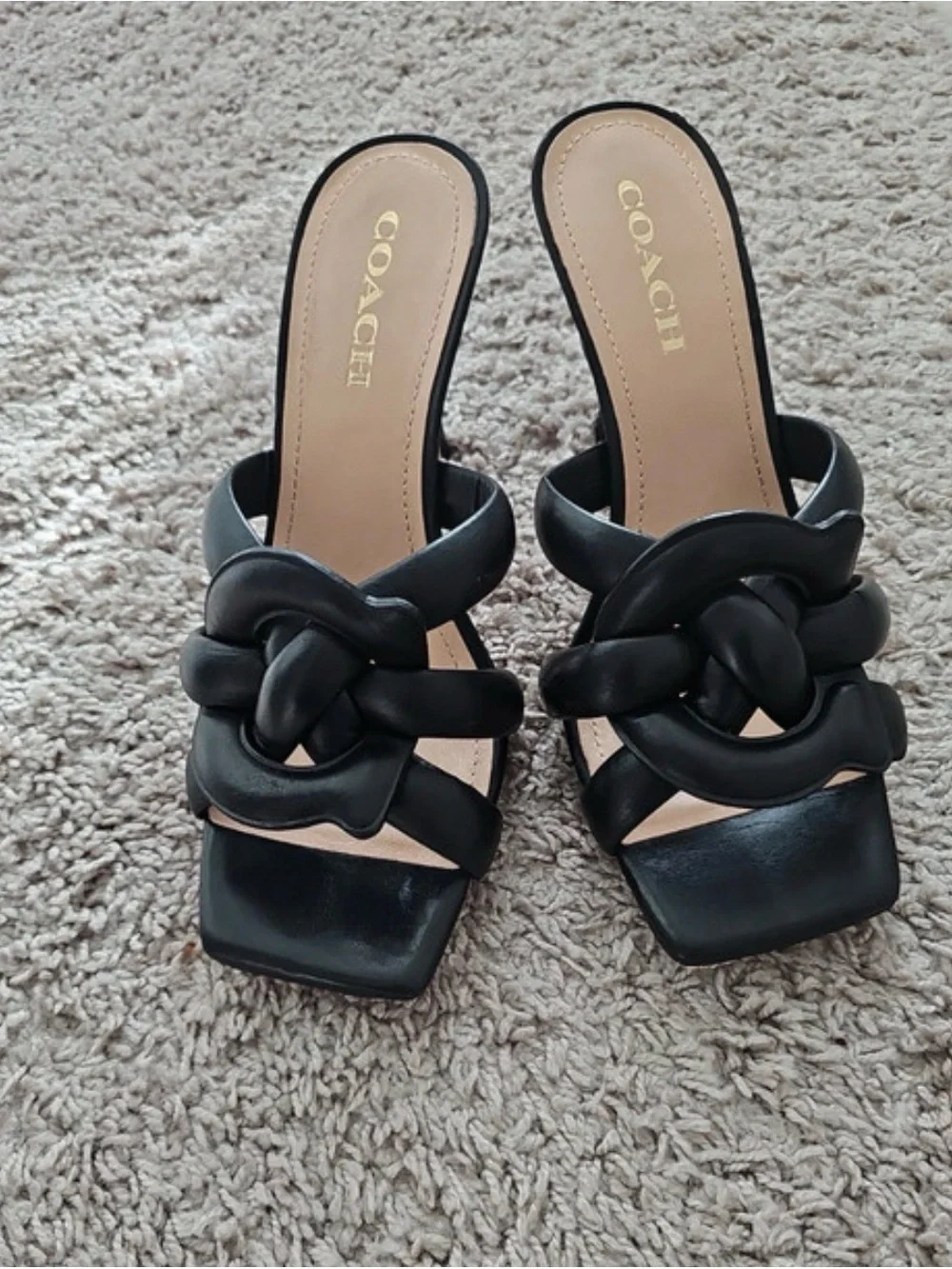 COACH Kelly Signature Leather Heeled Mule Sandal Black size 10 C detail knot